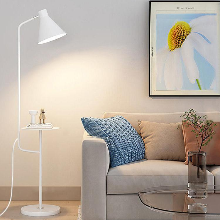 "Modern LED Macaron Floor Lamp with central tray, sleek metal and marble design, available in multiple colors for stylish lig