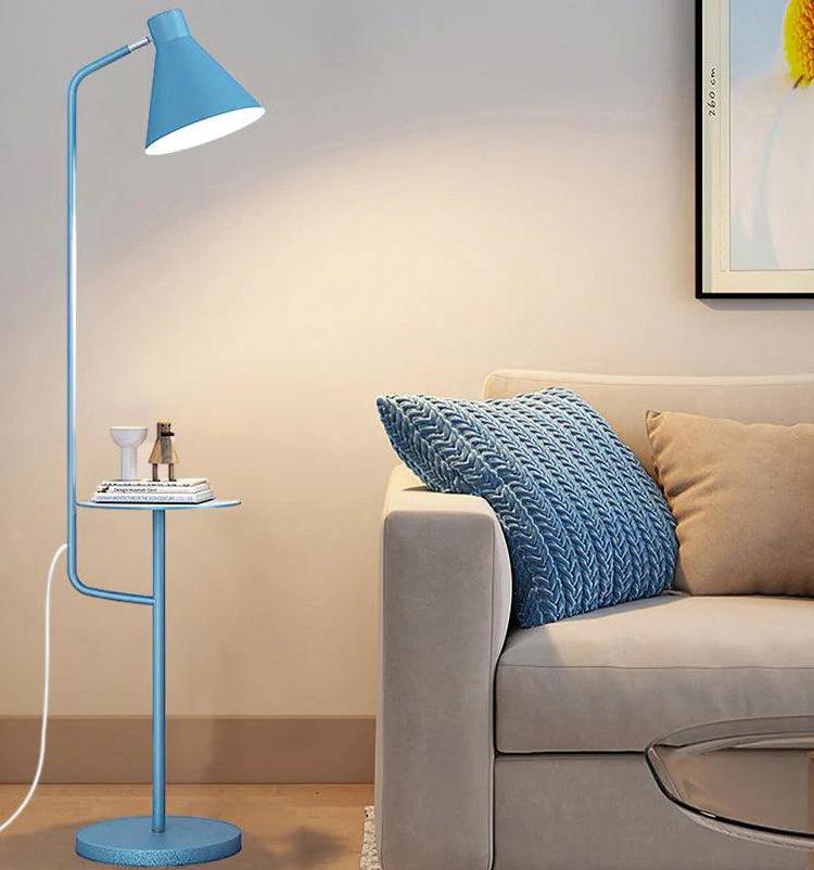 "Modern LED Macaron Floor Lamp with central tray, sleek metal and marble design, available in multiple colors for stylish lig