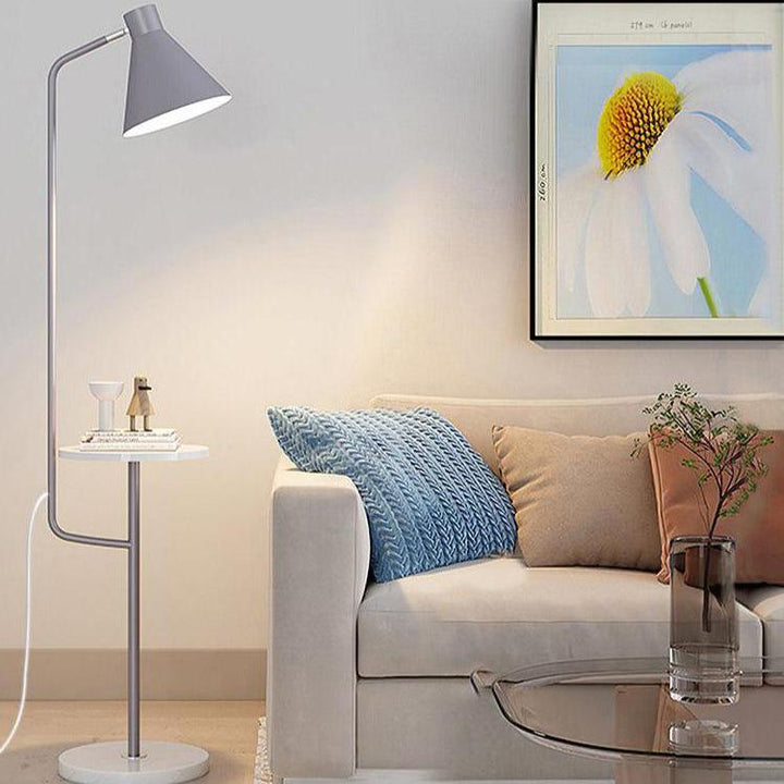 "Modern LED Macaron Floor Lamp with central tray, sleek metal and marble design, available in multiple colors for stylish lig