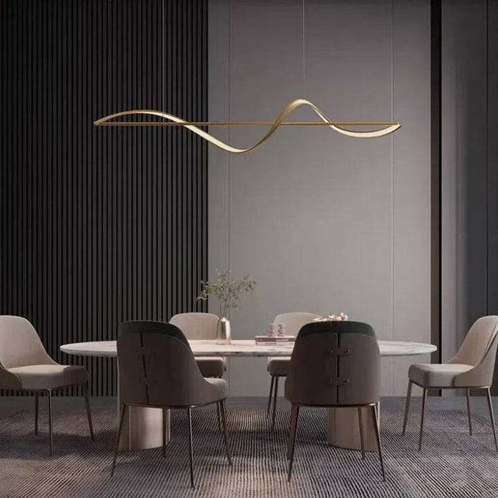 Modern LED pendant lamp with wavy metal and acrylic design, providing elegant illumination for stylish interior decor.