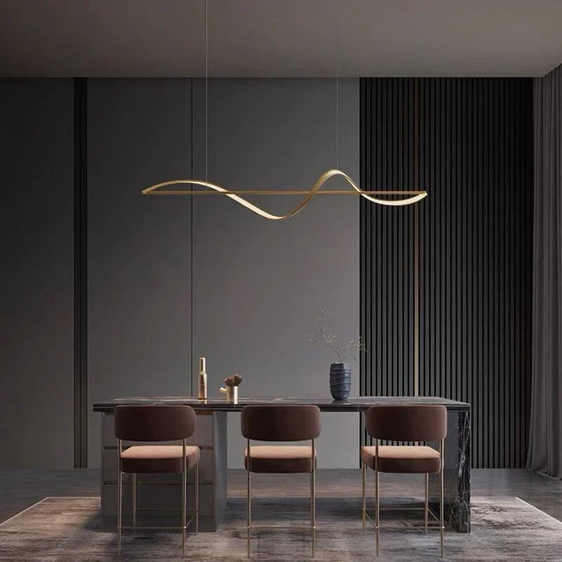 Modern LED pendant lamp with wavy metal and acrylic design, providing elegant illumination for stylish interior decor.