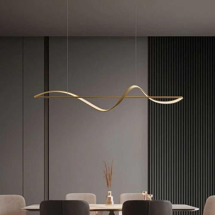 Modern LED pendant lamp with wavy metal and acrylic design, providing elegant illumination for stylish interior decor.