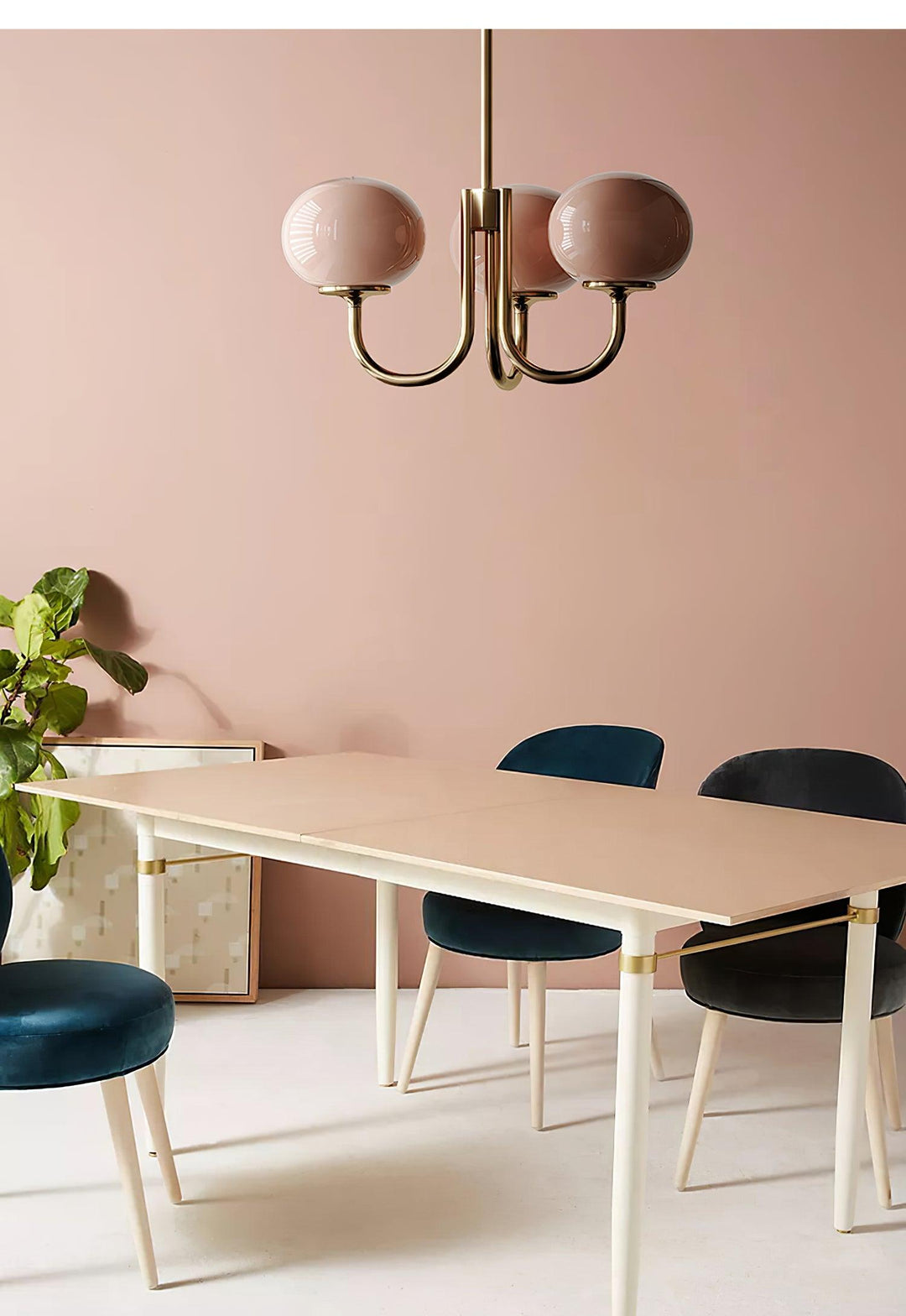 Modern pink and gold chandelier with elegant glass shades, ideal ceiling light fixture for chic home decor and illumination.