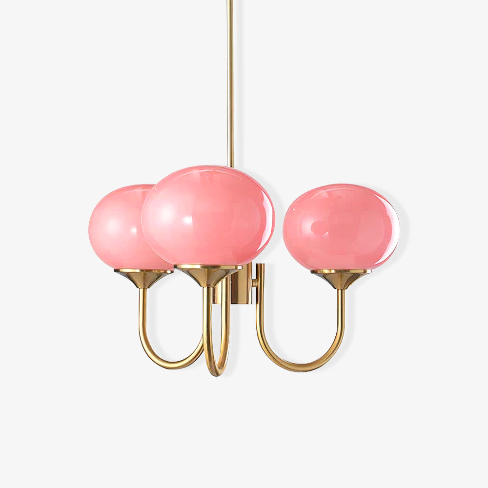Modern pink and gold chandelier with elegant glass shades, ideal ceiling light fixture for chic home decor and illumination.