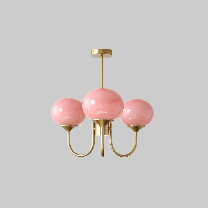 Modern pink and gold chandelier with elegant glass shades, ideal ceiling light fixture for chic home decor and illumination.