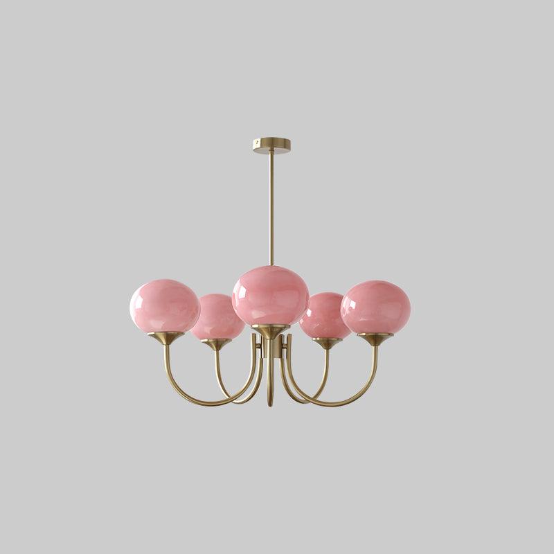 Modern pink and gold chandelier with elegant glass shades, ideal ceiling light fixture for chic home decor and illumination.