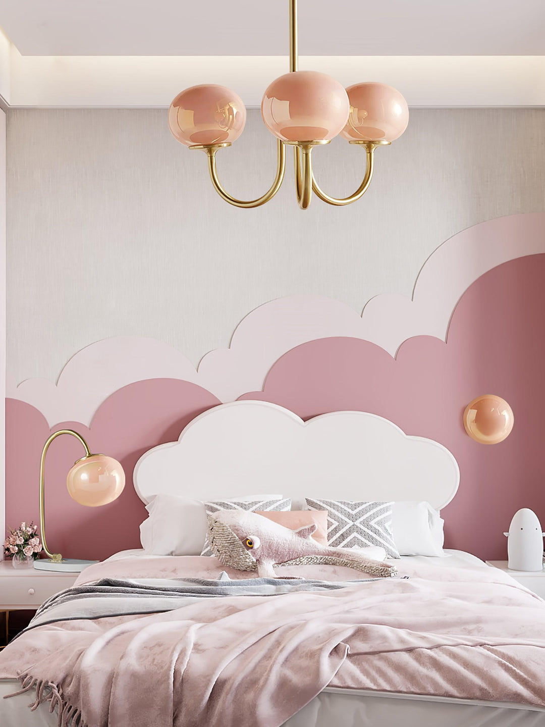 Modern pink and gold chandelier with elegant glass shades, ideal ceiling light fixture for chic home decor and illumination.