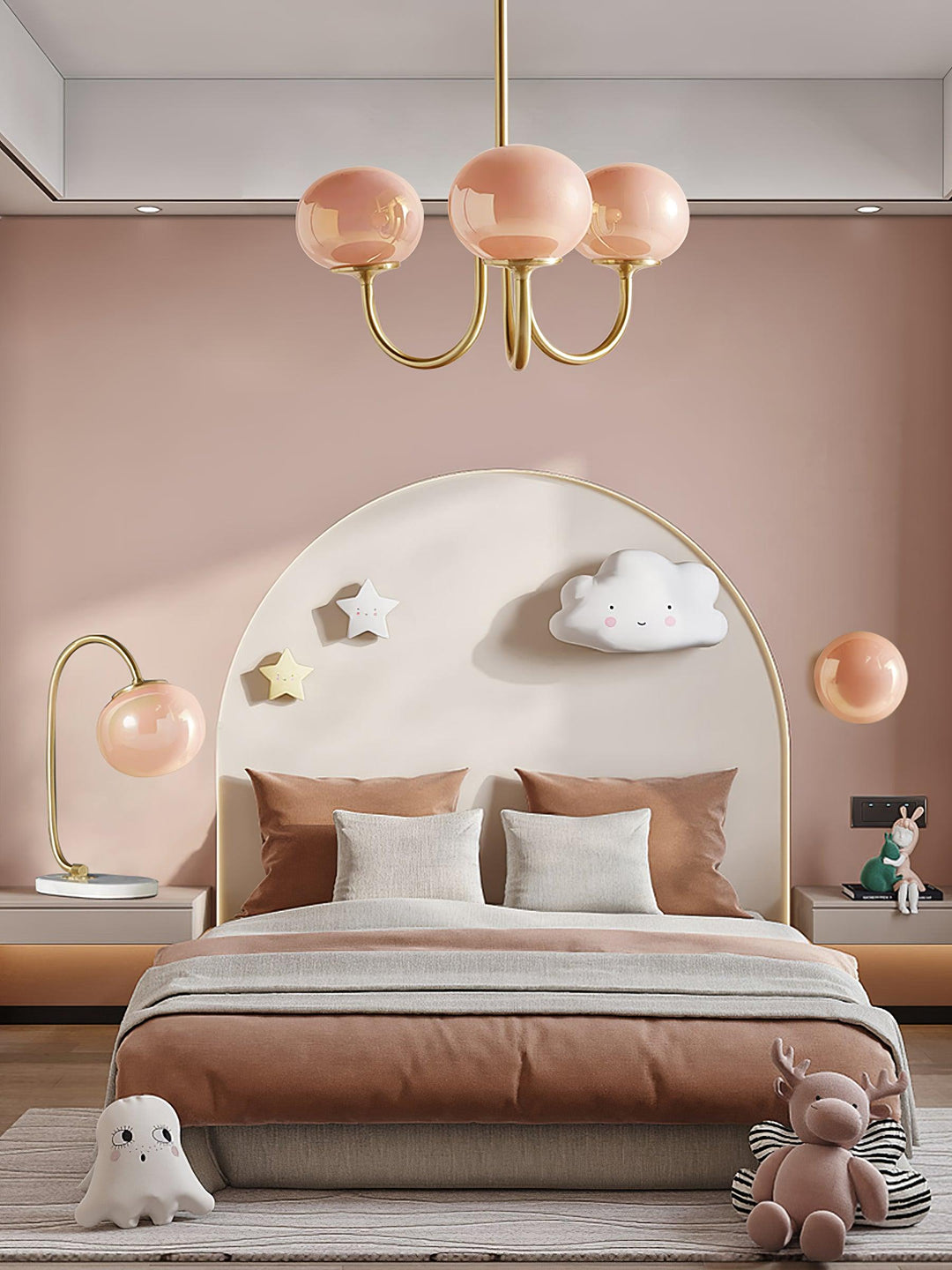 Modern pink and gold chandelier with elegant glass shades, ideal ceiling light fixture for chic home decor and illumination.