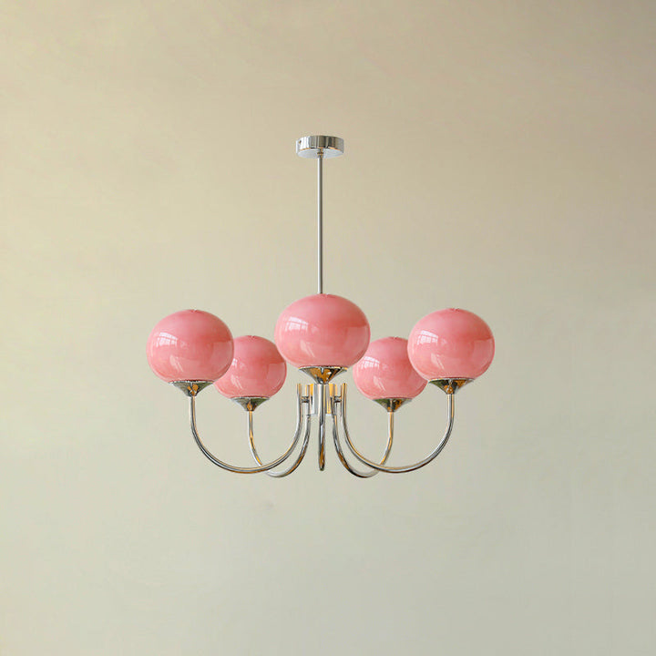 Modern pink and gold chandelier with elegant glass shades, ideal ceiling light fixture for chic home decor and illumination.