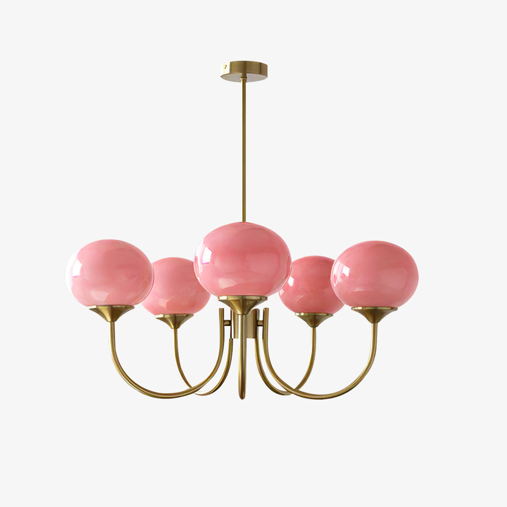 Modern pink and gold chandelier with elegant glass shades, ideal ceiling light fixture for chic home decor and illumination.