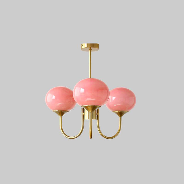 Modern pink and gold chandelier with elegant glass shades, ideal ceiling light fixture for chic home decor and illumination.