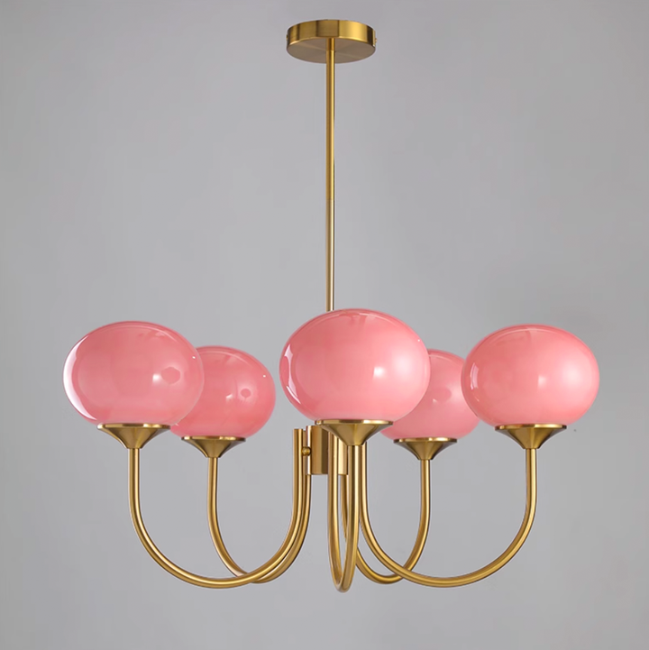 Modern pink and gold chandelier with elegant glass shades, ideal ceiling light fixture for chic home decor and illumination.
