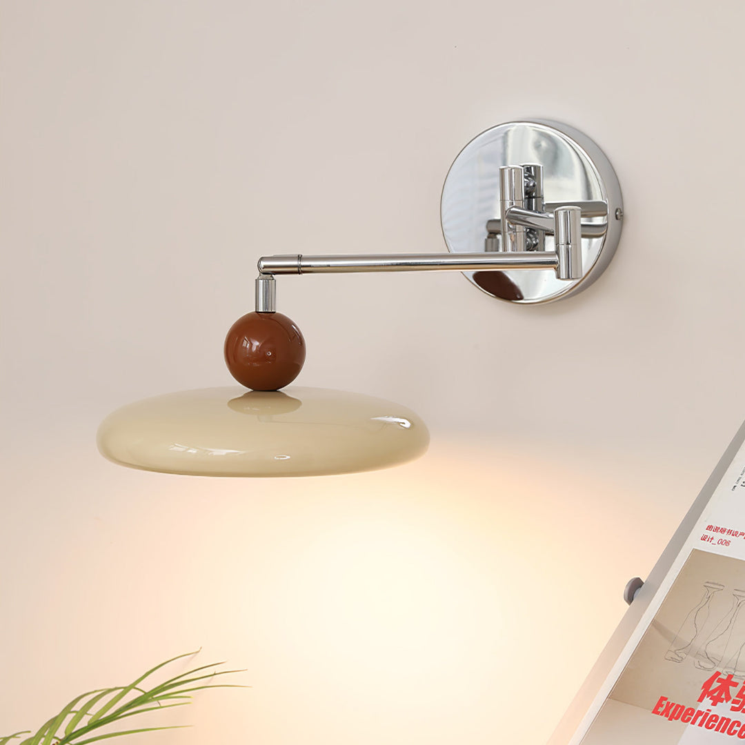 "Modern swing arm wall lamp with adjustable metal arm, acrylic base, integrated LED, beige and green color options."