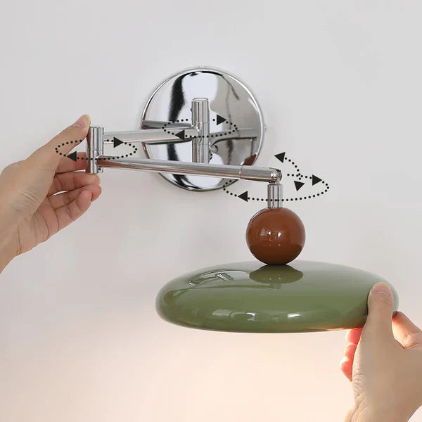 "Modern swing arm wall lamp with adjustable metal arm, acrylic base, integrated LED, beige and green color options."