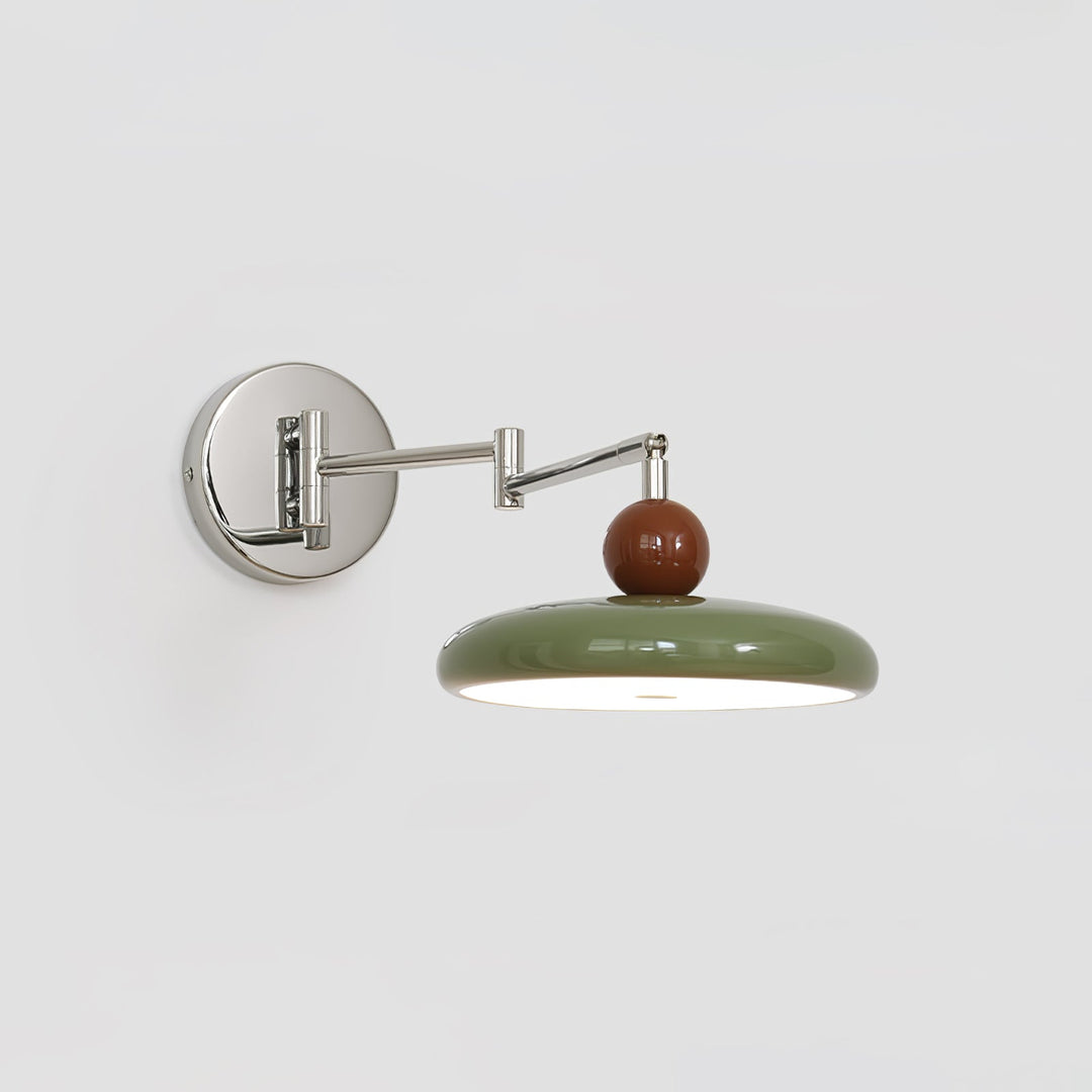 "Modern swing arm wall lamp with adjustable metal arm, acrylic base, integrated LED, beige and green color options."