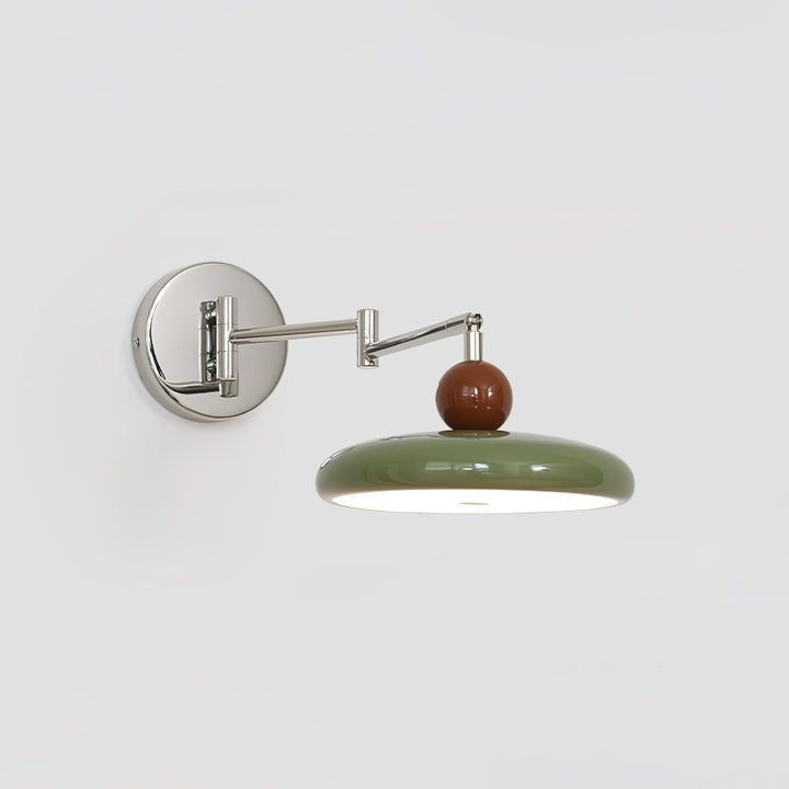 "Modern swing arm wall lamp with adjustable metal arm, acrylic base, integrated LED, beige and green color options."
