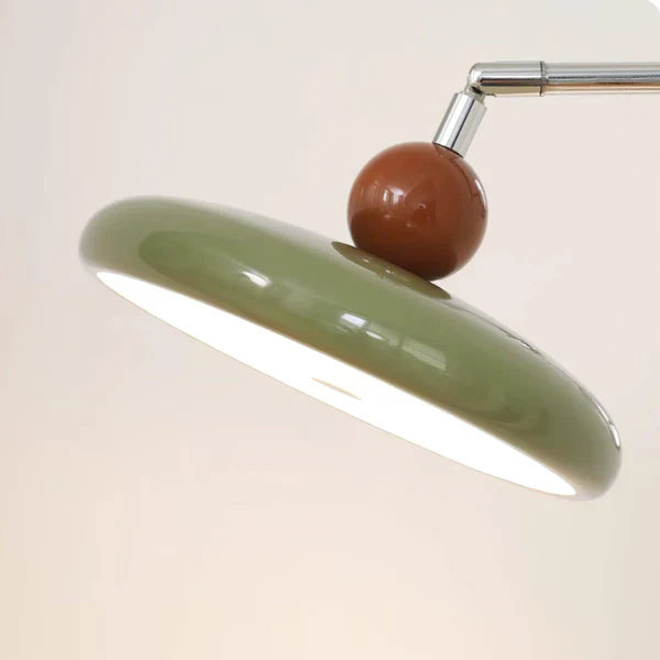 "Modern swing arm wall lamp with adjustable metal arm, acrylic base, integrated LED, beige and green color options."