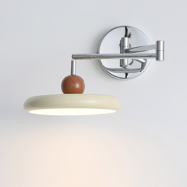 "Modern swing arm wall lamp with adjustable metal arm, acrylic base, integrated LED, beige and green color options."