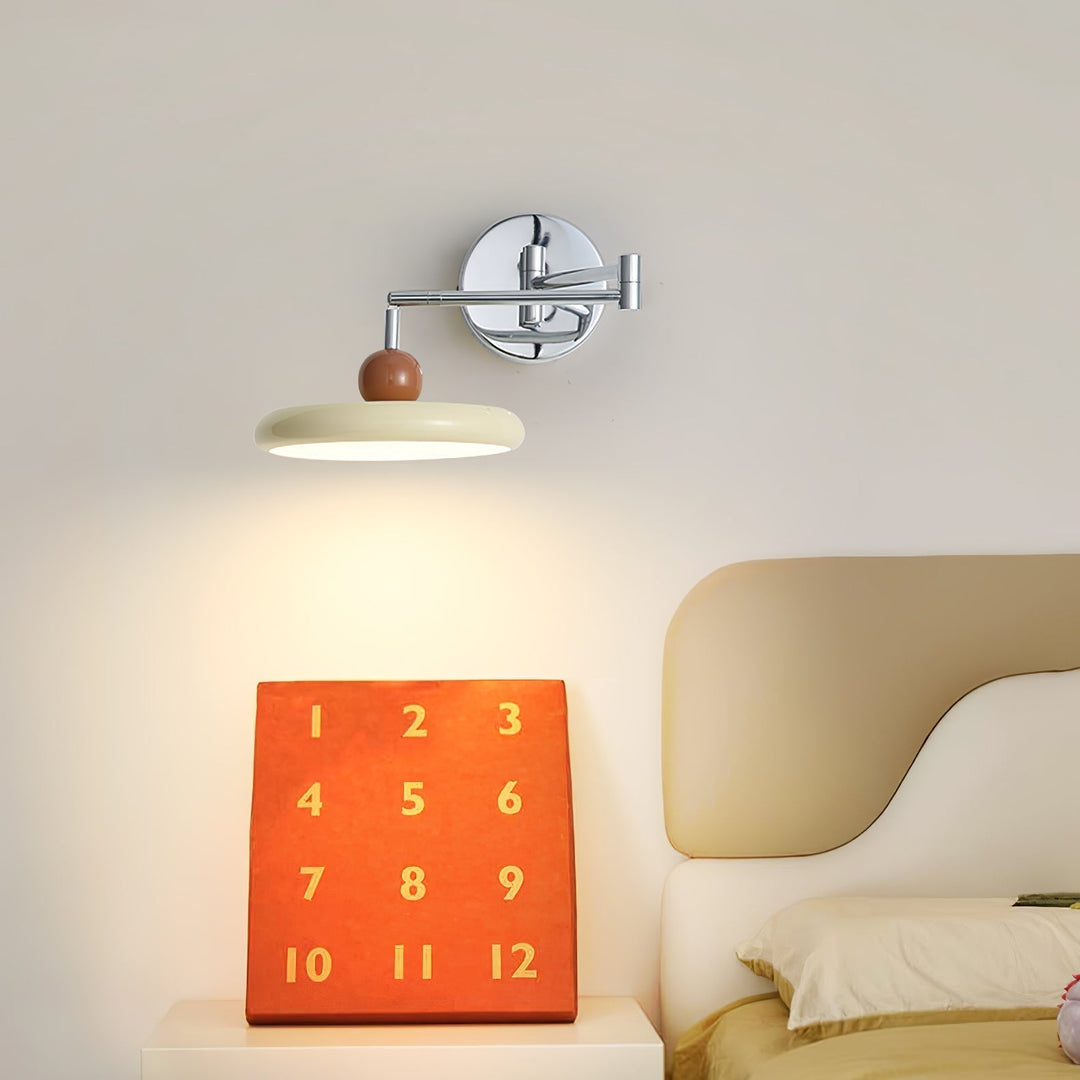"Modern swing arm wall lamp with adjustable metal arm, acrylic base, integrated LED, beige and green color options."