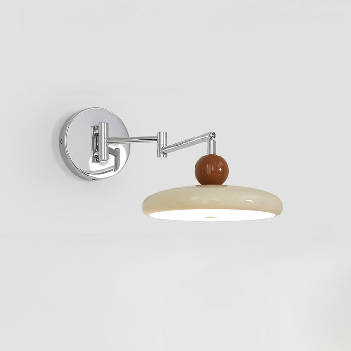 "Modern swing arm wall lamp with adjustable metal arm, acrylic base, integrated LED, beige and green color options."