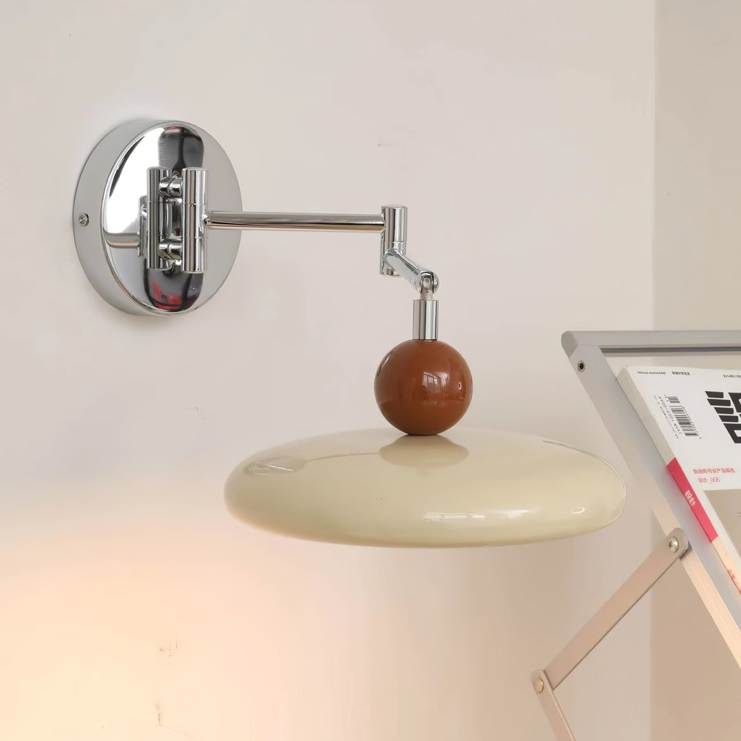 "Modern swing arm wall lamp with adjustable metal arm, acrylic base, integrated LED, beige and green color options."