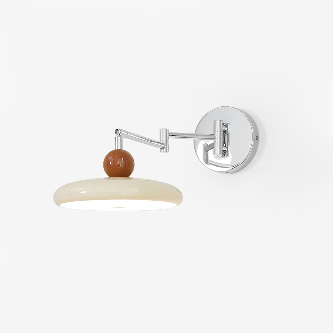"Modern swing arm wall lamp with adjustable metal arm, acrylic base, integrated LED, beige and green color options."