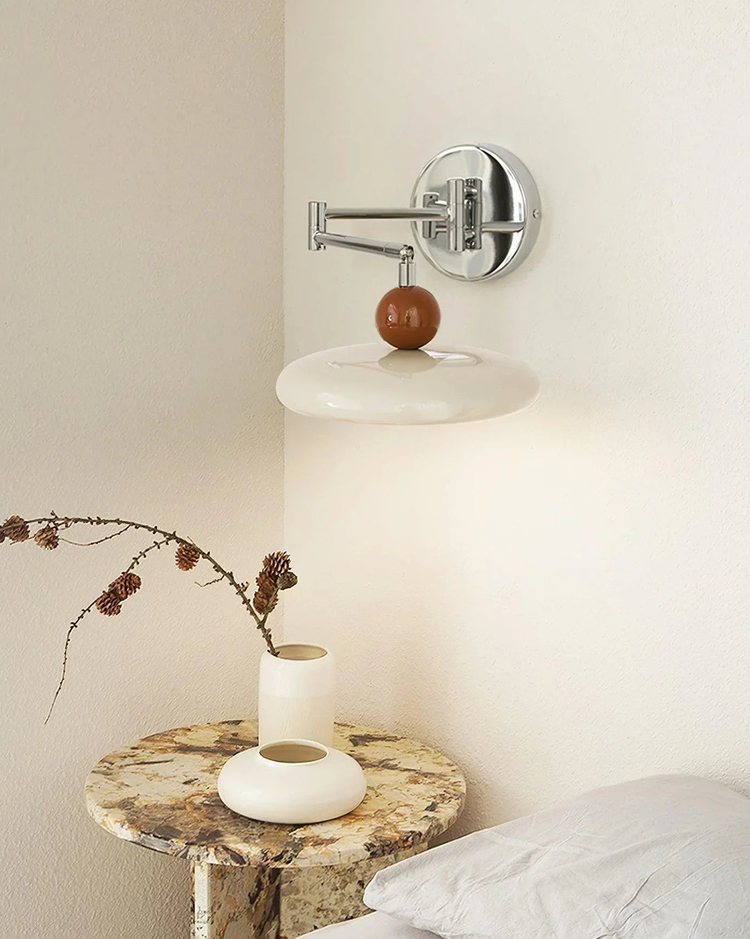 "Modern swing arm wall lamp with adjustable metal arm, acrylic base, integrated LED, beige and green color options."