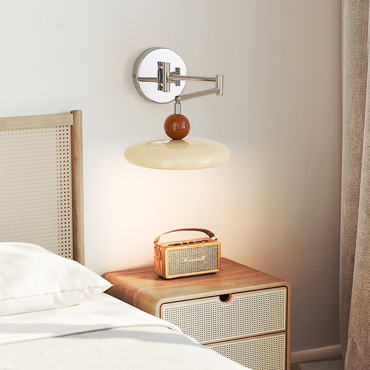 "Modern swing arm wall lamp with adjustable metal arm, acrylic base, integrated LED, beige and green color options."