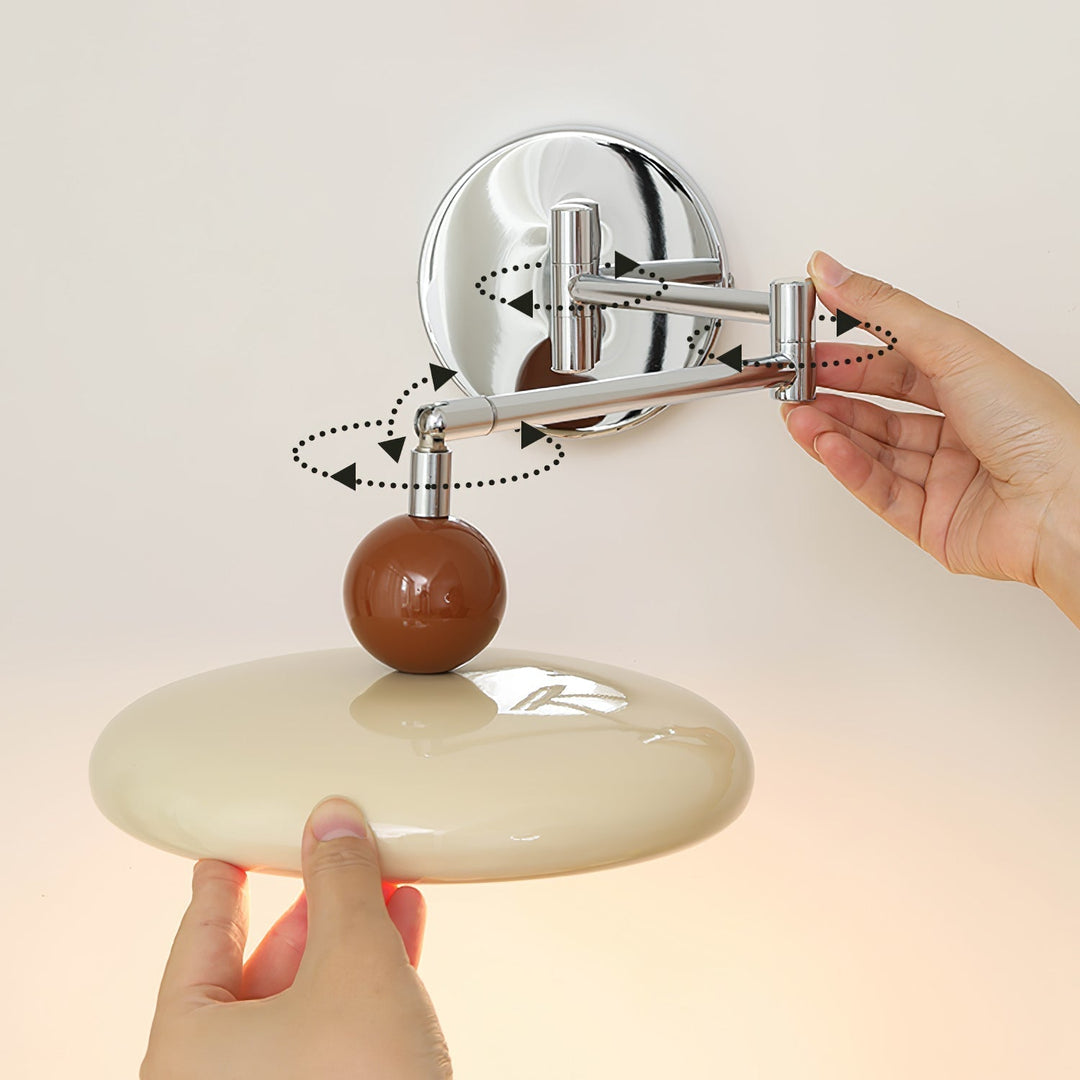 "Modern swing arm wall lamp with adjustable metal arm, acrylic base, integrated LED, beige and green color options."