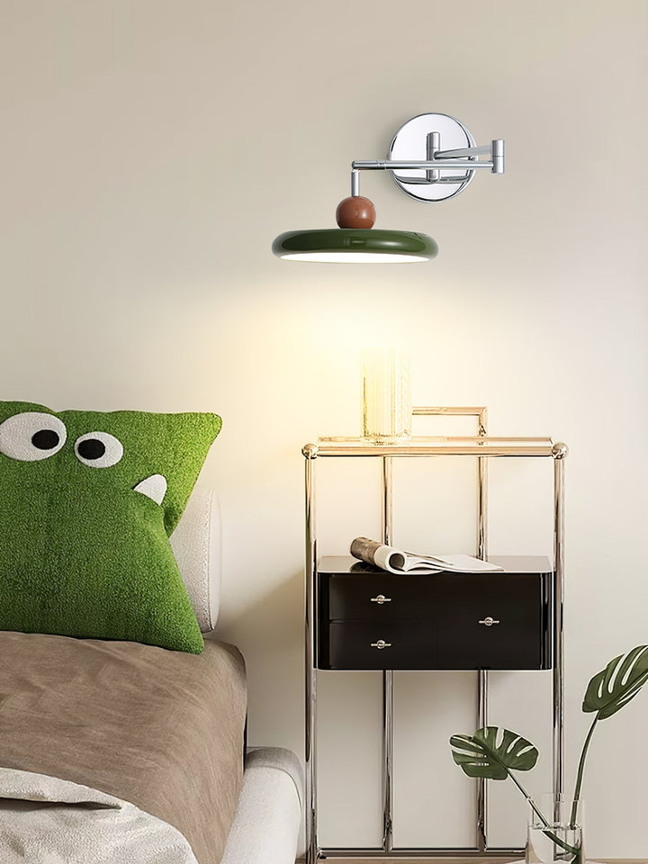 "Modern swing arm wall lamp with adjustable metal arm, acrylic base, integrated LED, beige and green color options."