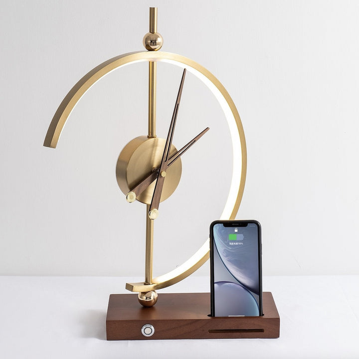 "Modern wireless lamp with LED, clock, maple wood frame, and metal accents for home/office. Energy-efficient lighting, sleek 