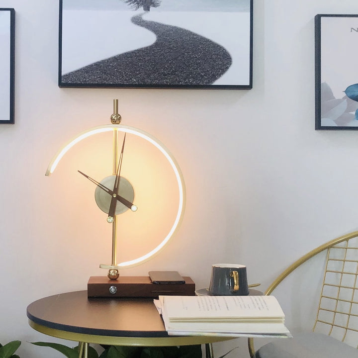 "Modern wireless lamp with LED, clock, maple wood frame, and metal accents for home/office. Energy-efficient lighting, sleek 