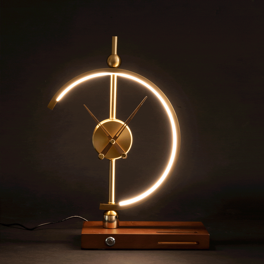 "Modern wireless lamp with LED, clock, maple wood frame, and metal accents for home/office. Energy-efficient lighting, sleek 
