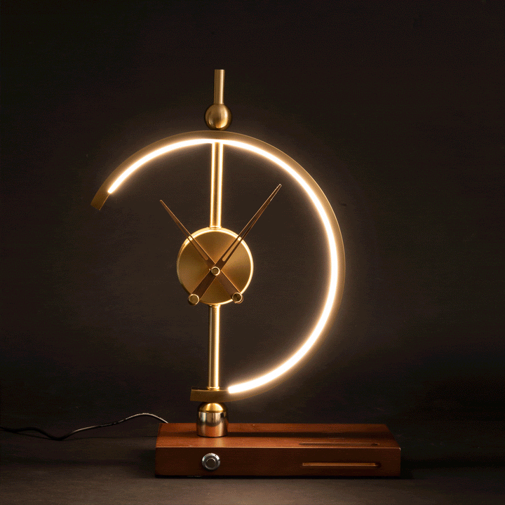 "Modern wireless lamp with LED, clock, maple wood frame, and metal accents for home/office. Energy-efficient lighting, sleek 