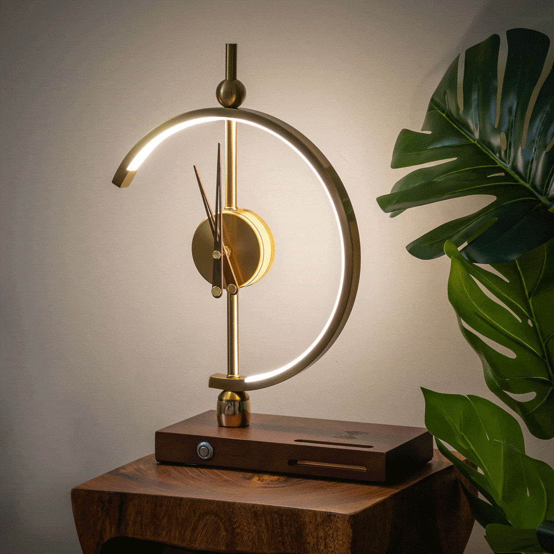 "Modern wireless lamp with LED, clock, maple wood frame, and metal accents for home/office. Energy-efficient lighting, sleek 