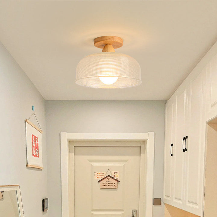 "Modern wooden and glass ceiling lamp, sleek design, natural wood tones, ideal for contemporary home decor lighting."