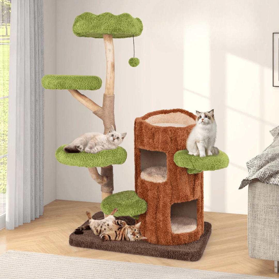 "Multi-level cat tree tower with condo nests, sisal scratch posts, and plush perches for feline comfort and activity."