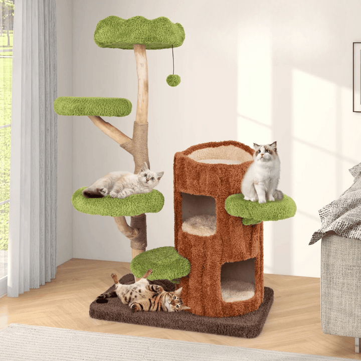 "Multi-level cat tree tower with condo nests, sisal scratch posts, and plush perches for feline comfort and activity."