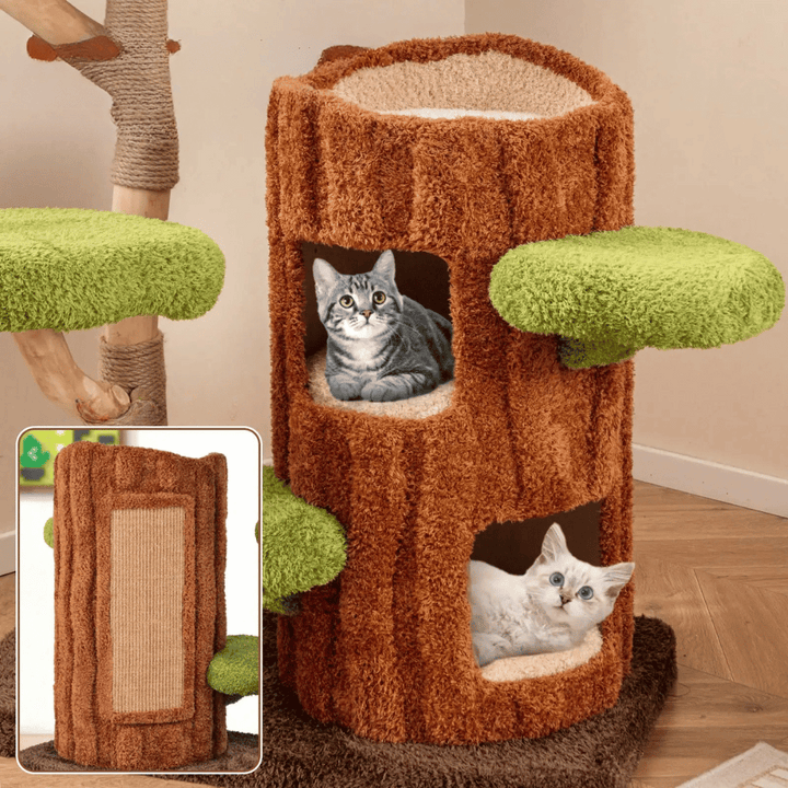 "Multi-level cat tree tower with condo nests, sisal scratch posts, and plush perches for feline comfort and activity."