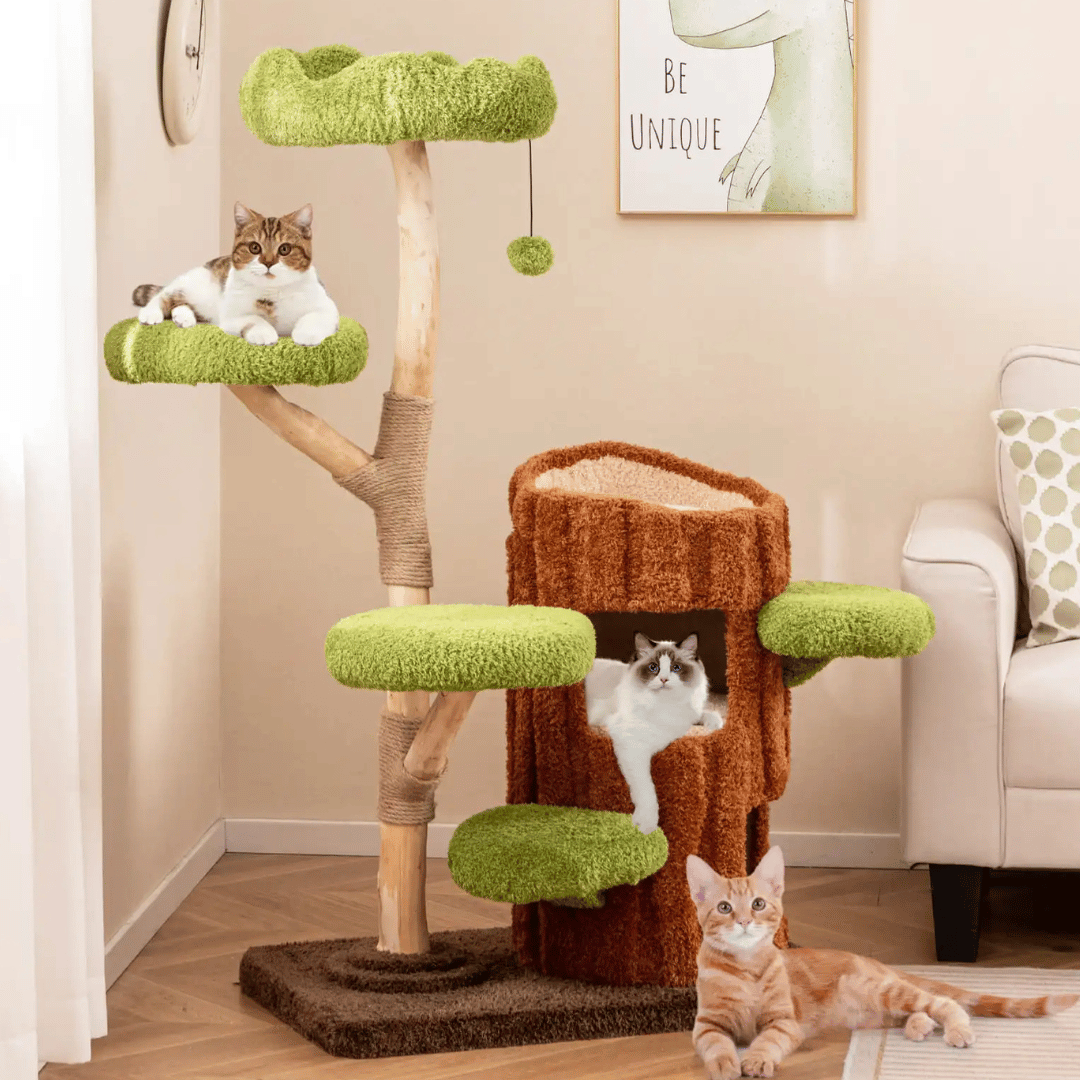 "Multi-level cat tree tower with condo nests, sisal scratch posts, and plush perches for feline comfort and activity."