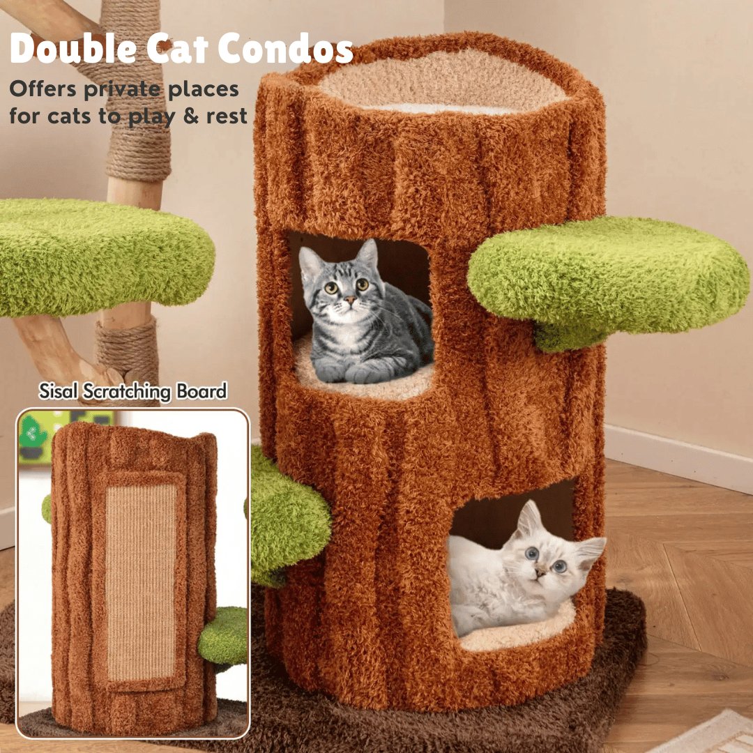 "Multi-level cat tree tower with condo nests, sisal scratch posts, and plush perches for feline comfort and activity."