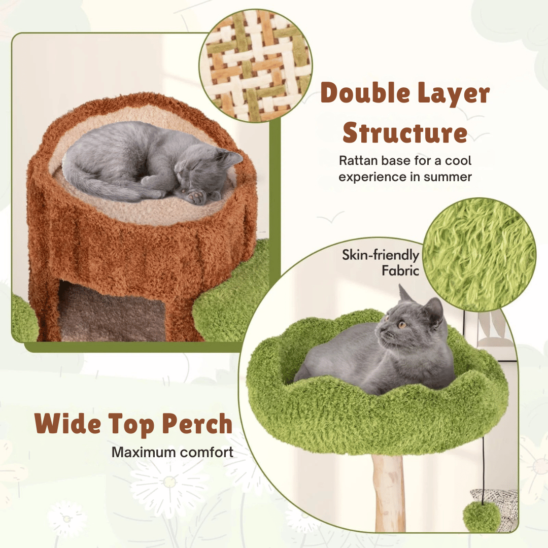 "Multi-level cat tree tower with condo nests, sisal scratch posts, and plush perches for feline comfort and activity."