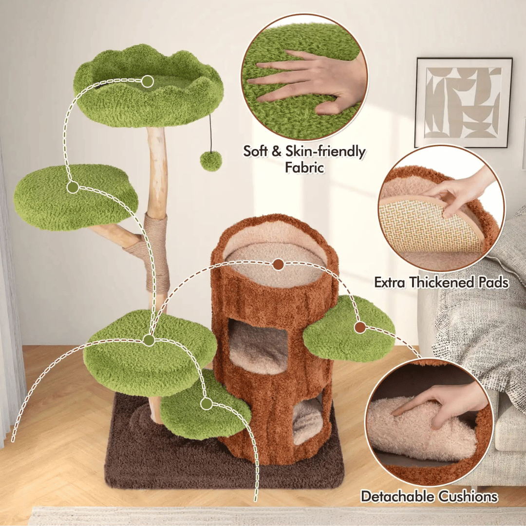 "Multi-level cat tree tower with condo nests, sisal scratch posts, and plush perches for feline comfort and activity."