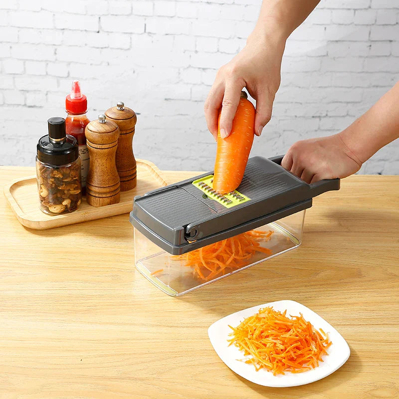 "Multifunctional kitchen vegetable chopper and grater, sleek design, ideal for slicing and grating veggies, 16-in-1 tool."