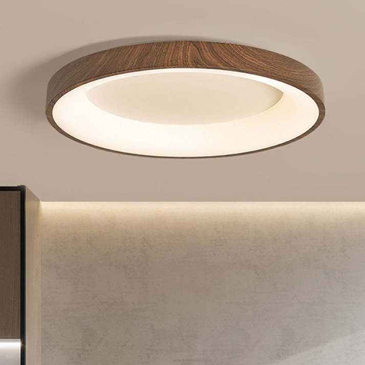 "Natural wooden LED ceiling light with circular frame, rustic-modern design, energy-efficient, enhances home ambiance."