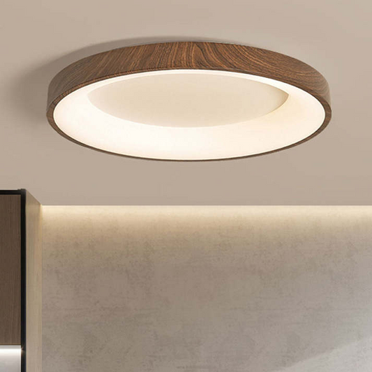 "Natural wooden LED ceiling light with circular frame, rustic-modern design, energy-efficient, enhances home ambiance."