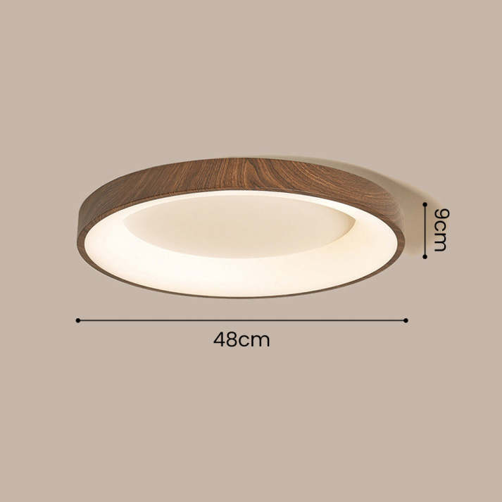 "Natural wooden LED ceiling light with circular frame, rustic-modern design, energy-efficient, enhances home ambiance."