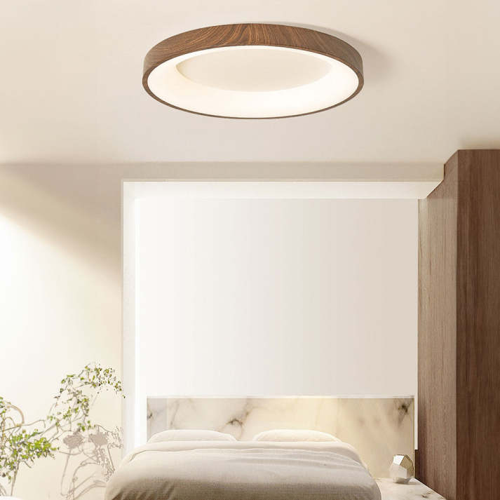 "Natural wooden LED ceiling light with circular frame, rustic-modern design, energy-efficient, enhances home ambiance."