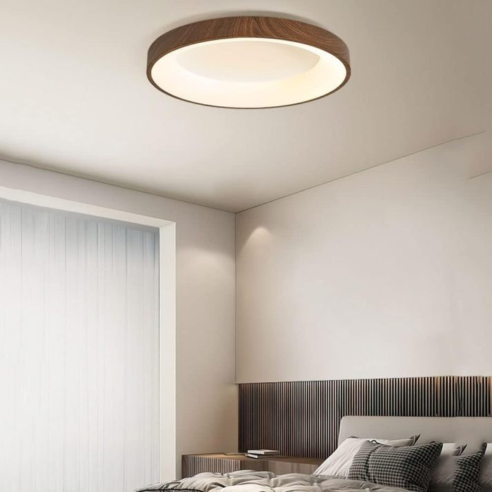 "Natural wooden LED ceiling light with circular frame, rustic-modern design, energy-efficient, enhances home ambiance."