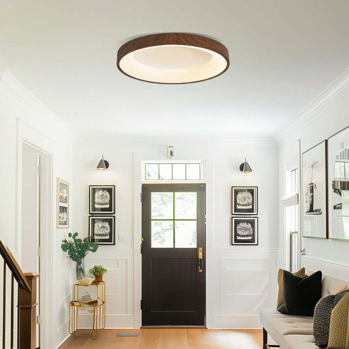"Natural wooden LED ceiling light with circular frame, rustic-modern design, energy-efficient, enhances home ambiance."